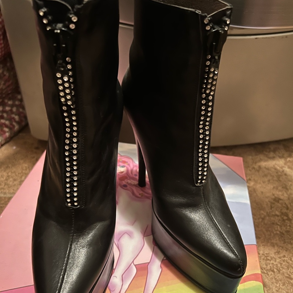 😍🦊made in Spain Black leather crystal sparkling  Ankle platform Boots heels 5'